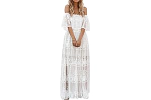 MERMAID'S CLOSET Women's Casual Off Shoulder Lace Maxi Dress Boho White Bridesmaid Wedding Evening Party Dresses