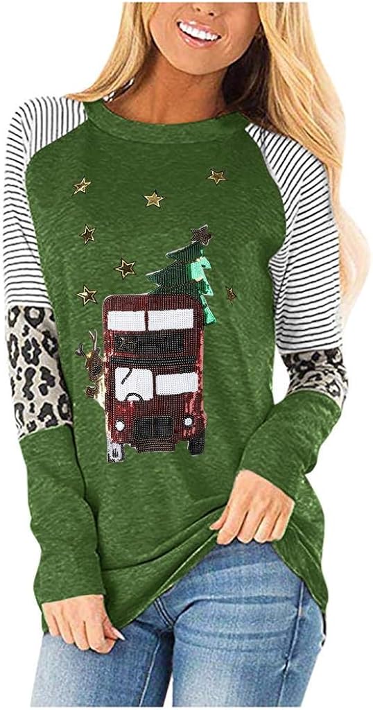 SHOBDW Weihnachtspullover Damen Große Größen Tops Streifen und Leopardenmuster Basic Shirt ...