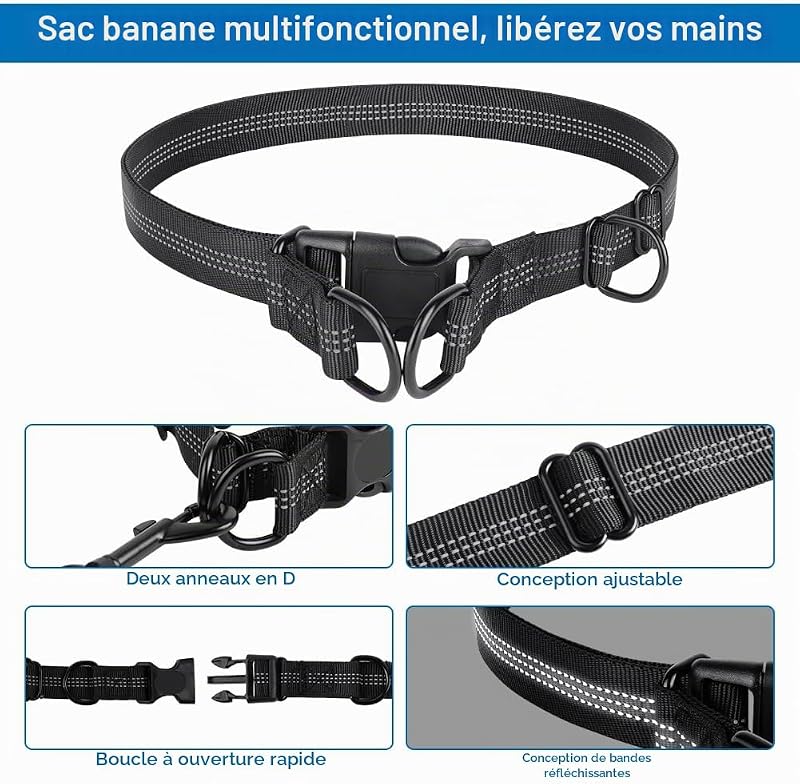 Main Libre Chien, Élastique Laisse Canicross, Ceinture Canicross pour Chiens avec Couture Réfléchissante, avec Sac de Rangement Idéal pour Course à Pied, Jogging et Marche (Noir) — photo 5 sur 7