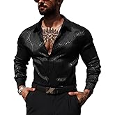 ZSJR Men Metallic Satin Dress Shirt Luxury Jacquard Long Sleeve Casual Button Down Shirts Silk Shirts