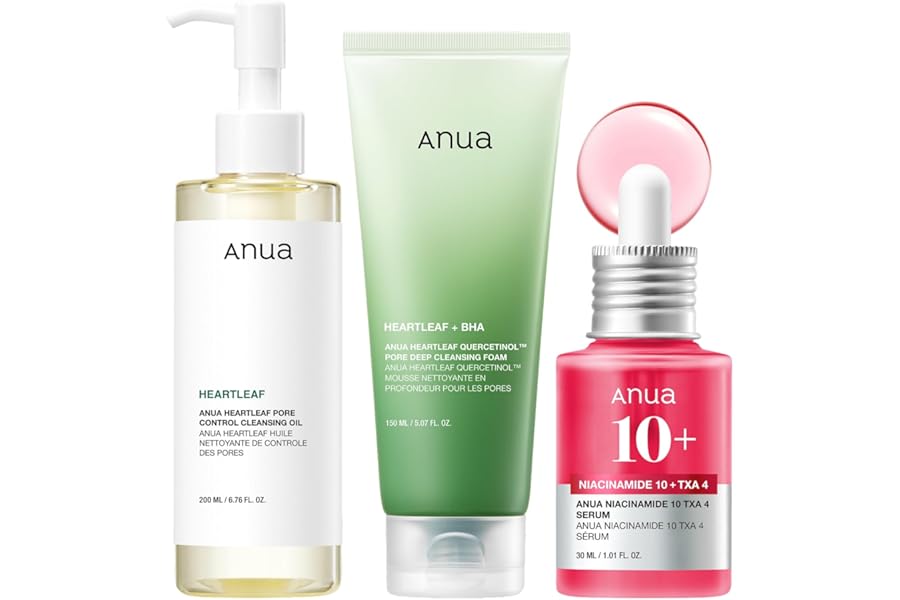 Anua 3-Step Glass Skin Beginner Set, Double Cleansing with Facial Serum, Oil Cleanser & Face Wash with Heartleaf, Daily Routine with Niacinamide, Korean Skincare Set