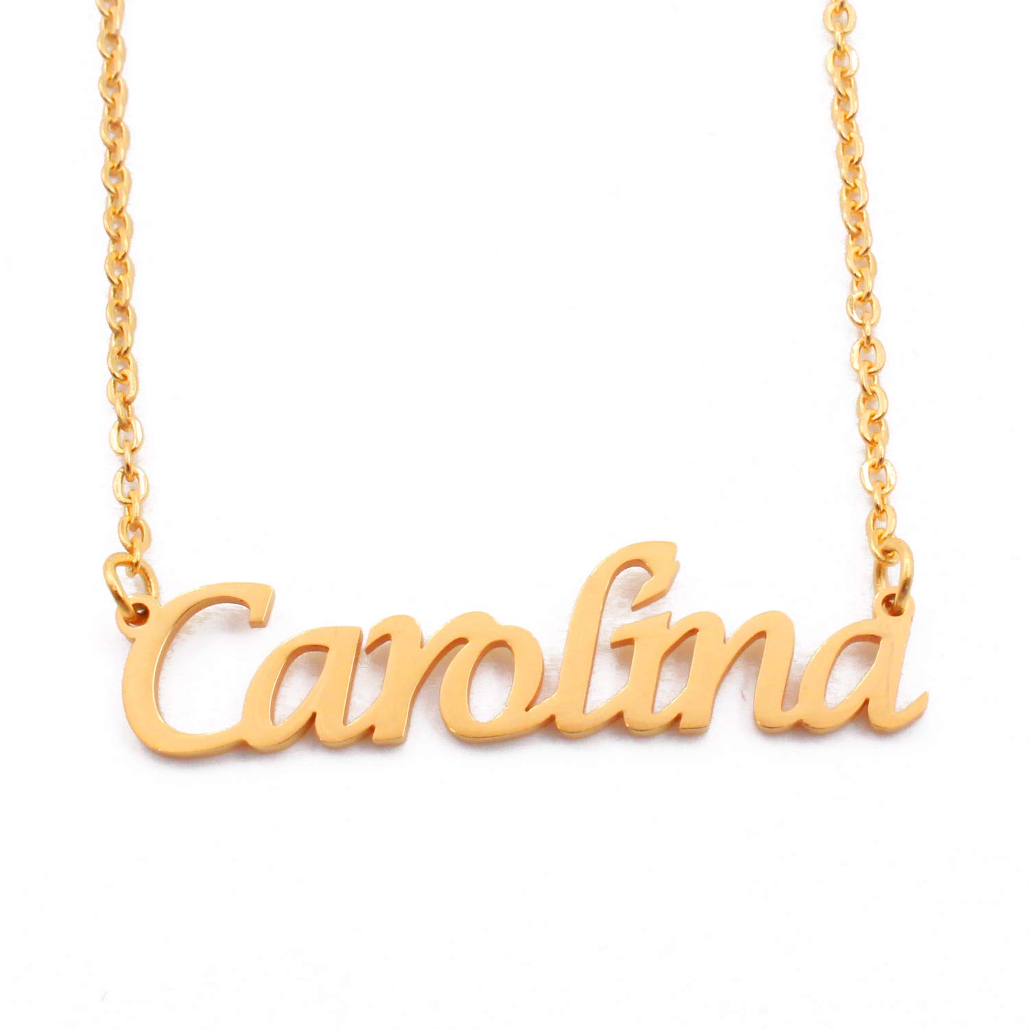 Kigu Carolina Name Necklace Personalised 18ct Gold Plated, Custom Dainty Name Pendants, Jewellery for Ladies, Girlfriend, Mother, Sister, Friends Inc Bag & Box