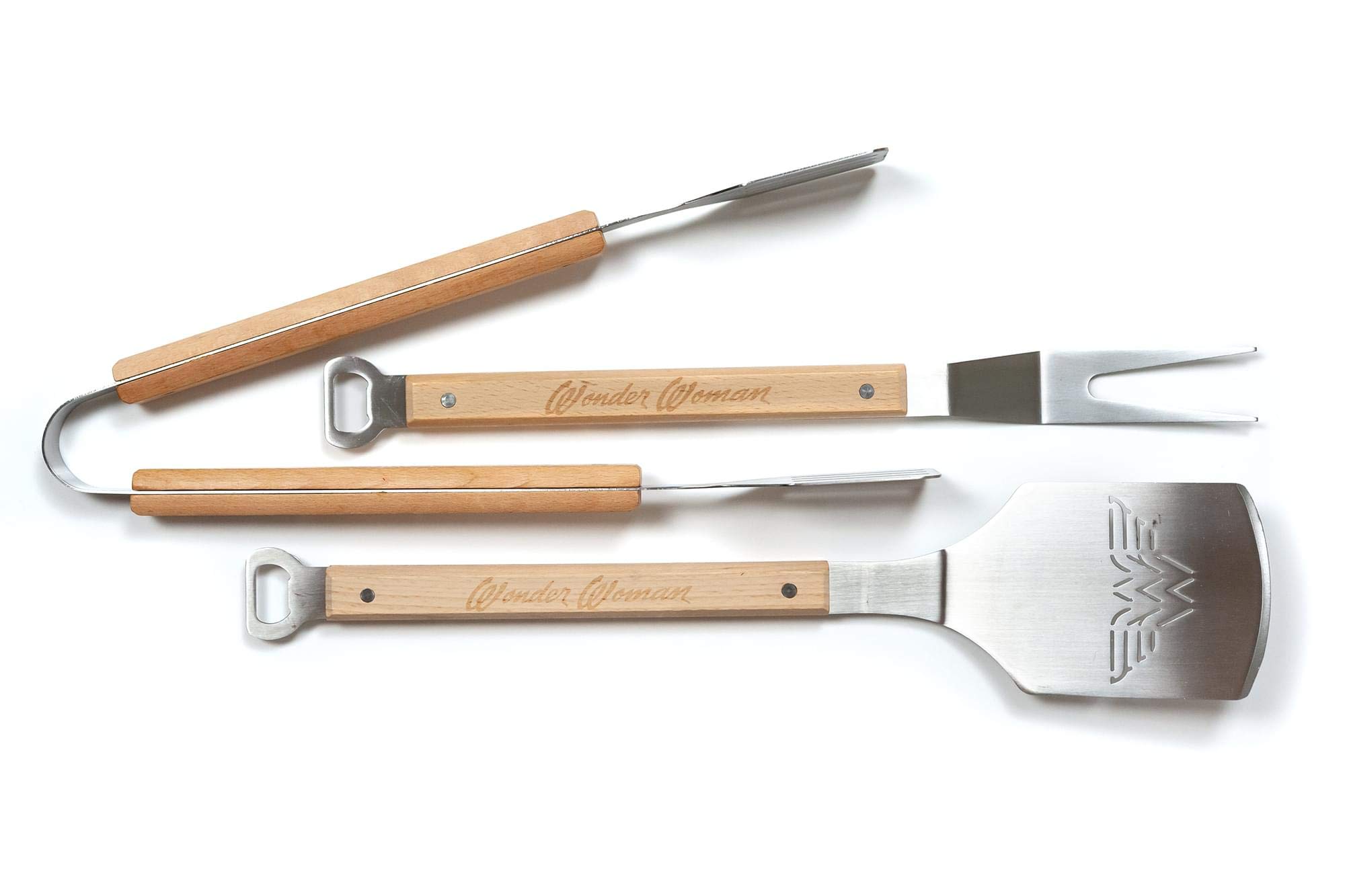 DC Comics Wonder Woman 3-Piece Outdoor BBQ Grill Utensil Set - Includes Stainless Steel Spatula, Fork & Tongs With 17" Sturdy Wooden Handles - Perfect Barbecue Accessory - Portable Grilling Tools