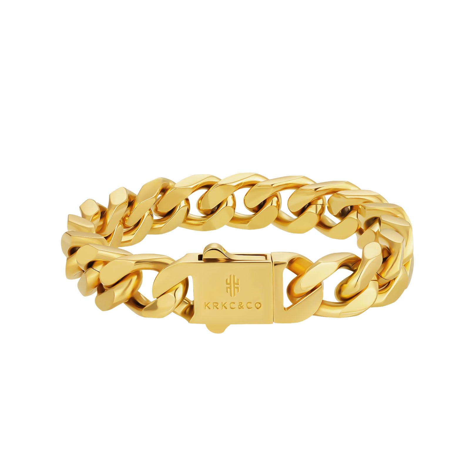 KRKC&CO 8mm/10mm/12mm/14mm Cuban Link Curb Bracelet for Men, 18K Gold/White Gold Miami Mens Bracelets, Durable Urban Street-wear Hip Hop Bracelet for Men 7/7.5/8/8.5/9 Inches