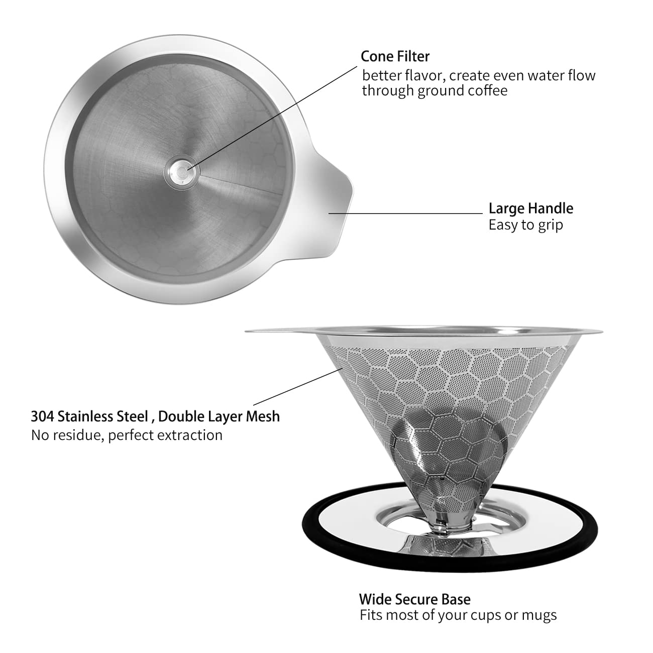 Pour Over Coffee Dripper Reusable Coffee Filter Metal Cone Filter Paperless Coffee Filter Stainless Steel Pour Over Coffee Maker Single Cup Brew Coffee Filter, Double Mesh