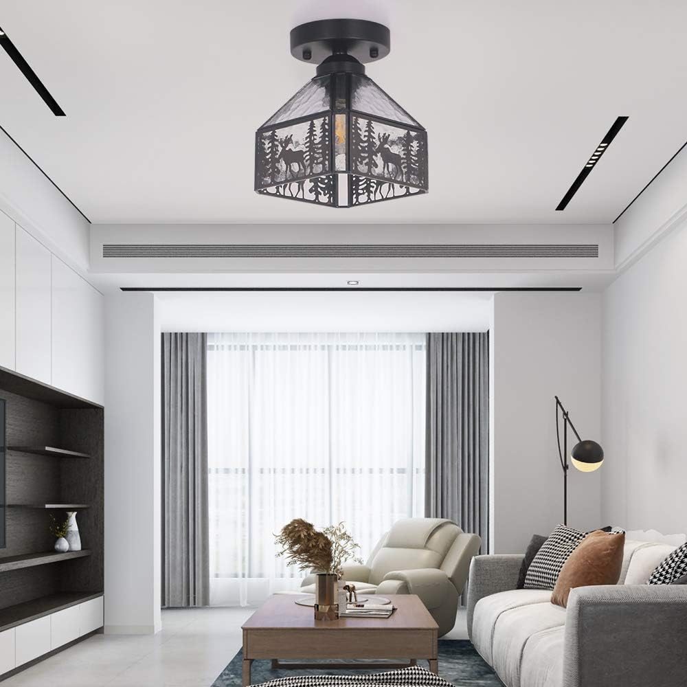 FUNME Copper Deer Ceiling Light with Stone Grain Glass Ceiling lamp Shade for Corridor Aisle Staircase Entrance, 8''(Black) - - 