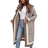 yoeasy Women's Color Block Striped Hooded Knit Long Cardigan Sweaters Oversized Open Front Long Sleeve Outwear Coat