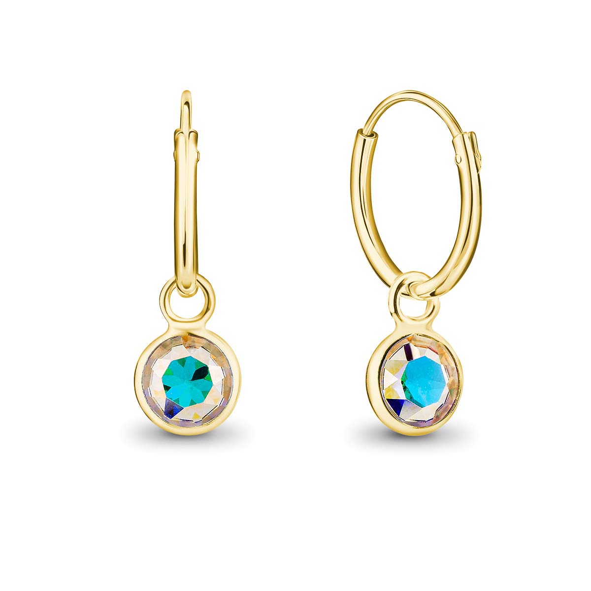 DTPsilver® 925 Sterling Silver Yellow Gold Plated SMALL Hoops Earrings - Dangling 5 mm Round Glittering Crystals from Swarovski® Elements - Diameter 14 mm - Colour: Aurora Borealis