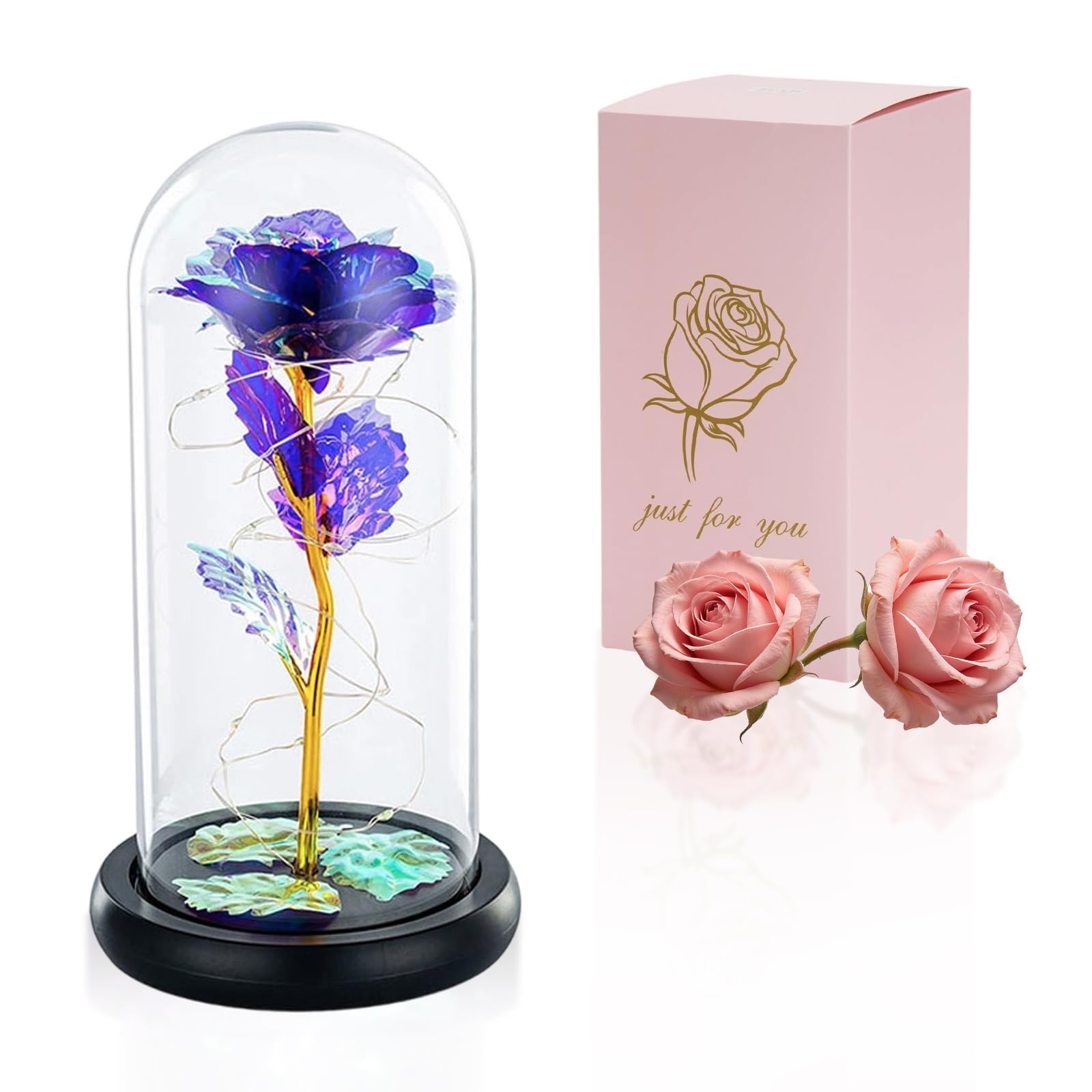 Beauty and the Beast Rose in Glass Dome Forever Rose Flower Kit Enchanted Galaxy Light Gifts for Women Girls Adults Mums on Valentine Mothers Day Wedding Anniversary Birthday (Purple)