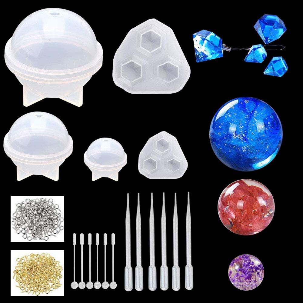 AFASOES 5Pcs Resin Casting Moulds Kits Silicon Mould Spherical Diamond Shaped Transparent Silicone Jewelry Moulds with Drip Irrigation/Agitator/Screw for DIY Craft/Bracelet/Ring Making
