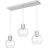 LMS Brushed Nickel Dining Room Light Fixture, 3-Light Clear Globe Glass Island Lights, Farmhouse Linear Chandeliers for Kitch