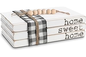 HEATHER & WILLOW Wooden Rustic Decorative Books with Wood Bead Garland | Farmhouse Coffee Table Decor | Faux Fake Books for Living Room Kitchen End Table & Bookshelf Wall Decorations | Home Sweet Home Sign