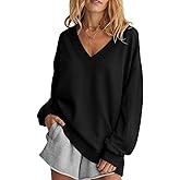PEXIBROY Oversized Sweatshirt for Women 2024 Fall V Neck Striped Long Sleeve Shirts Hoodies Preppy Top Y2K Outfits Black