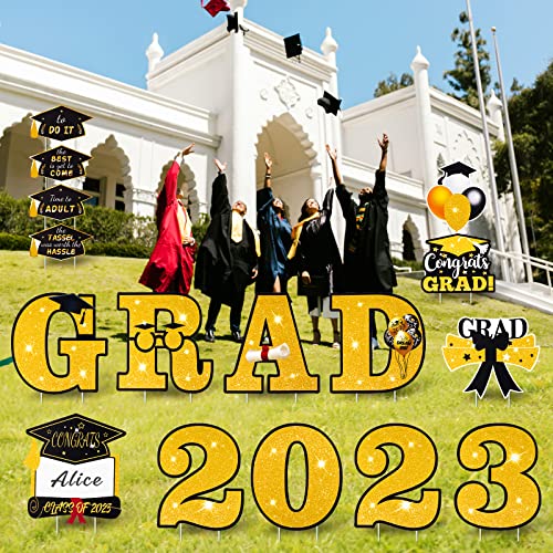 2023 Graduation Yard Sign, 16 Pcs Congrats Grad Decorations, Waterproof Outdoor Yard Lawn Decorations with 34 Stakes for Outdoor Graduation Party Favors Decoration Supplies