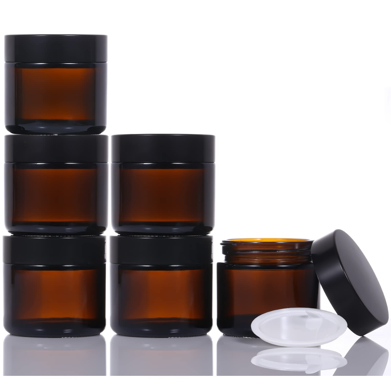 LIYUABU Amber Glass Jars 6 Pack,60ml Cosmetic Container Tinted Jars Refillable Travel Pots,Small Bottles Sample Pots with Black Lids for Cosmetics,Powder,Lotion,Creams