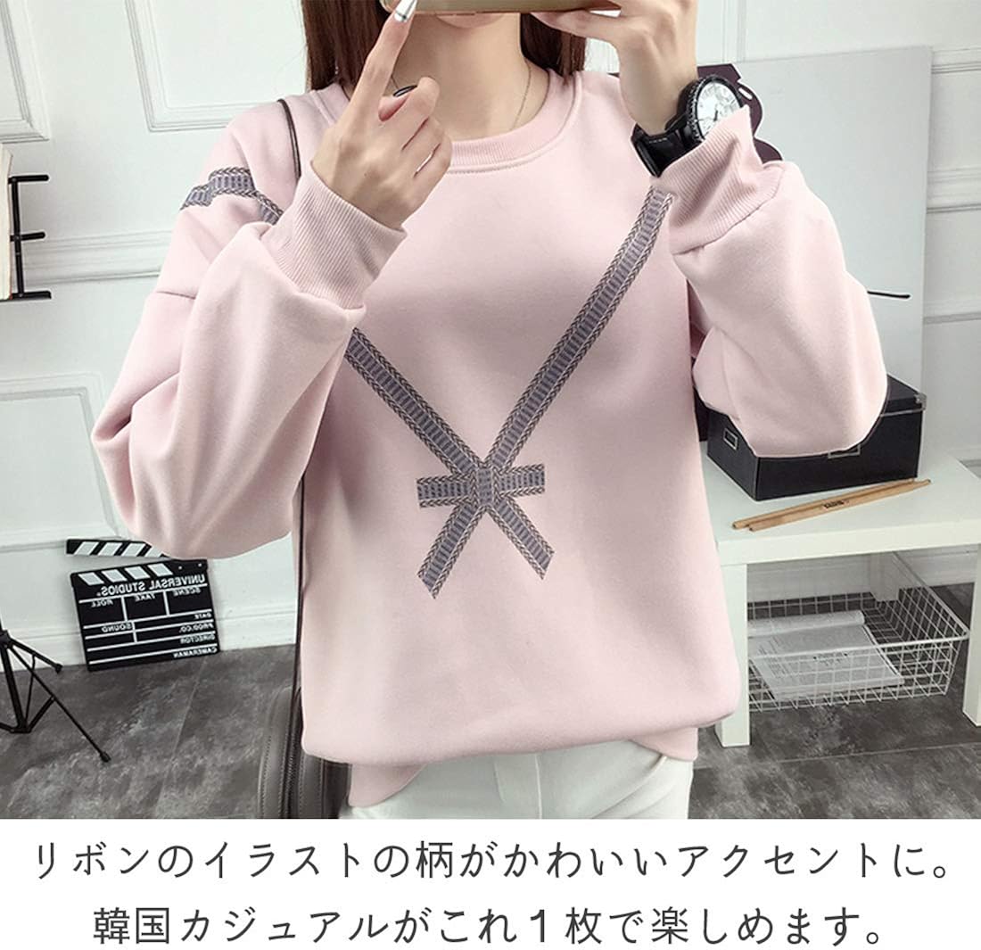Amazon トレーナー パーカー 柄 長袖 リボン かわいい おしゃれ ゆったり 韓国 白 ホワイト ピンク M L Xl 2xl トレーナー パーカー 通販