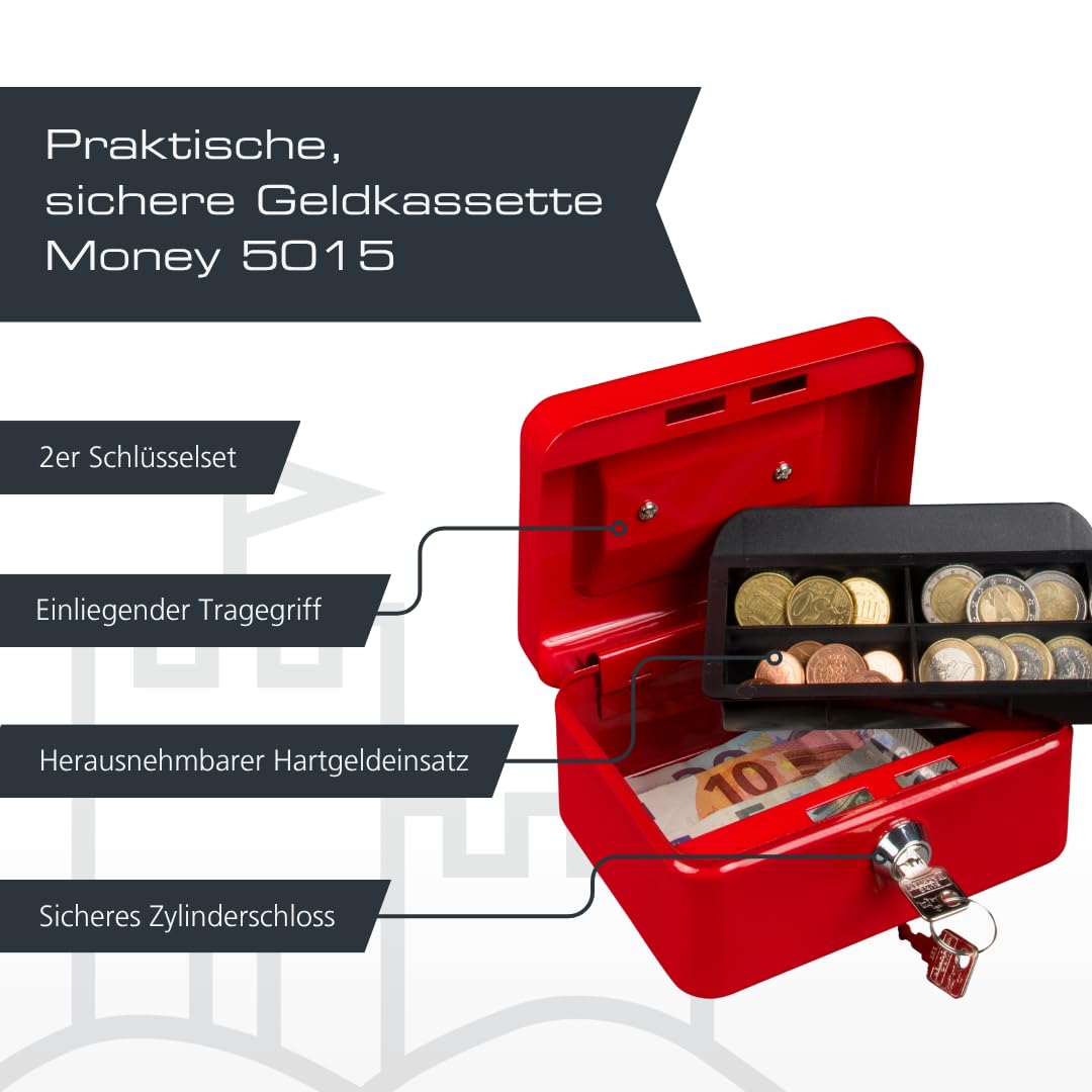 Burg-Wächter 40040 Geldkassette abschließbar mit Schlüssel und Hartgeldeinsatz, Klein, Stahlblech, Money 5015, Rot 2