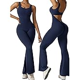 Vertvie Sleeveless Flare Jumpsuits for Women Sexy Backless Bodycon V Back Scrunch Butt Yoga Rompers Seamless Workout Bodysuit