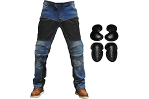 TAKUEY 2019 Men Motorcycle Riding Jeans Armor Racing Cycling Pants with Upgrade Knee Hip Protector Pads (Blue, S=28)