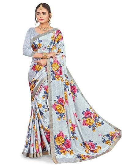 Womens Crepe Floral Printed Saree With Blouse(jb-1363-08,Grey)