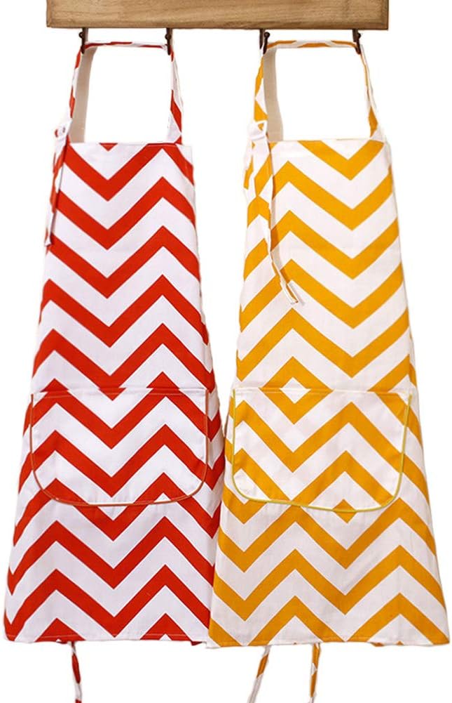 Women Kitchen Apron-2 Pack, Cotton Canvas Striped Apron, Stripe Wave Apron with Pockets for Women Chef Apron(Red&Yellow).