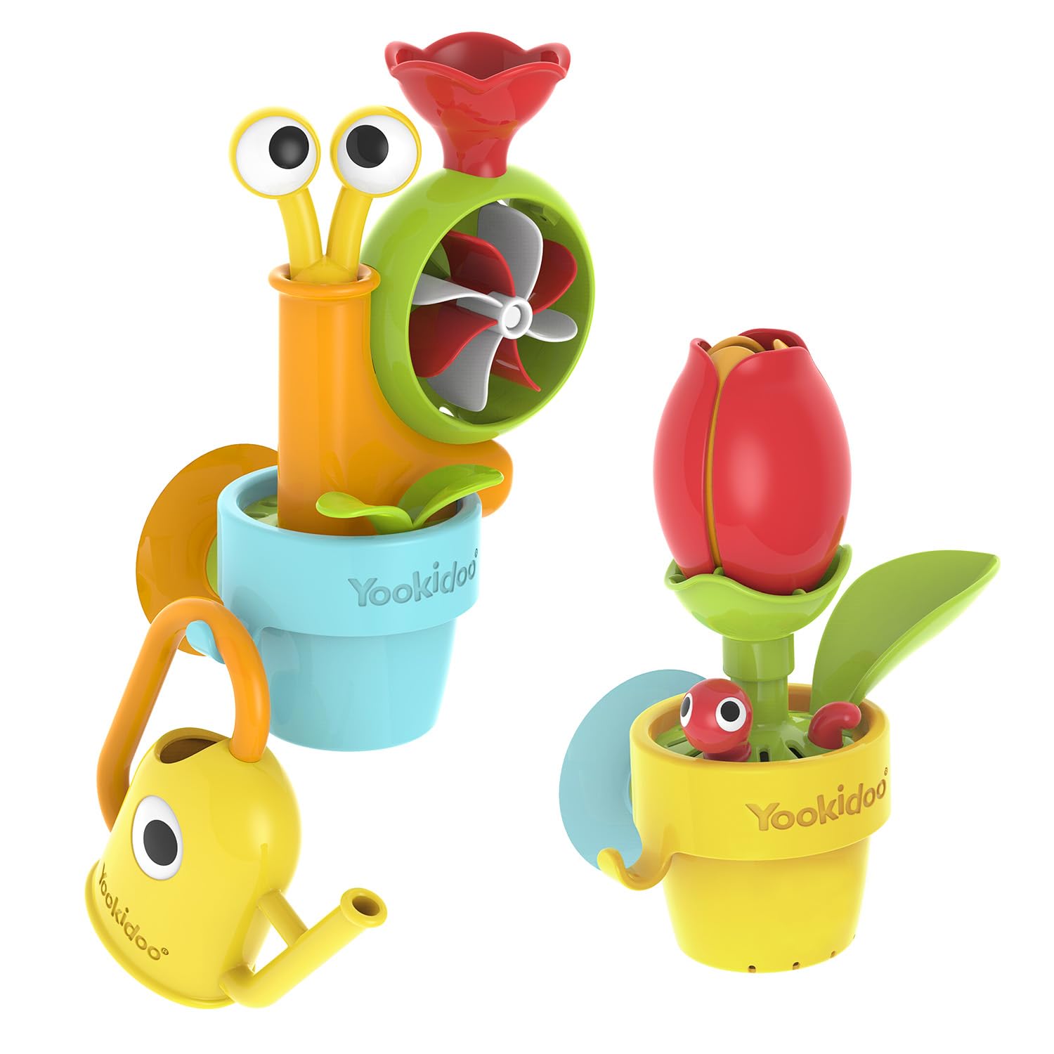 Yookidoo Toddler Baby Bath Toy (Ages 1-3) Garden Adventure Set Bundle: Snail & Flower with Watering Can (Mold Free) Attach to Any Tub or Shower Fun for Bath Time - Great for Boys , Girls , & Kids