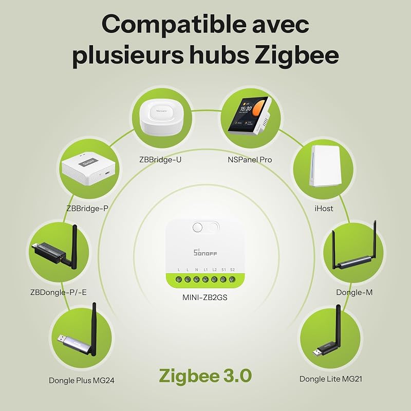 Mini Duo Interrupteur intelligent Zigbee à 2 canaux, Zigbee 3.0, charge totale 16 A, contrôle à distance via hub Zigbee, conducteur neutre nécessaire, compatible avec Alexa/Google, lot de 2