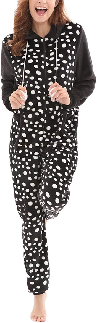 TAAMBAB Adult One Piece Costume Comfy Flannel Pajamas Irregular Dots Prints Cosplay Hoodie Onesie Pajama with Zipper Halloween Christmas Costume Gifts for Women Teens