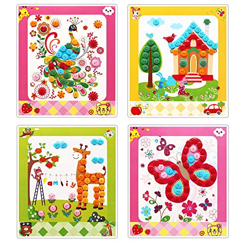 Lovyan Colorful Sticky Buttons and Diamonds Paintings Mosaic Sticker Art Sticky DIY Handmade Art Kits for Kids, Set of 8 (A)