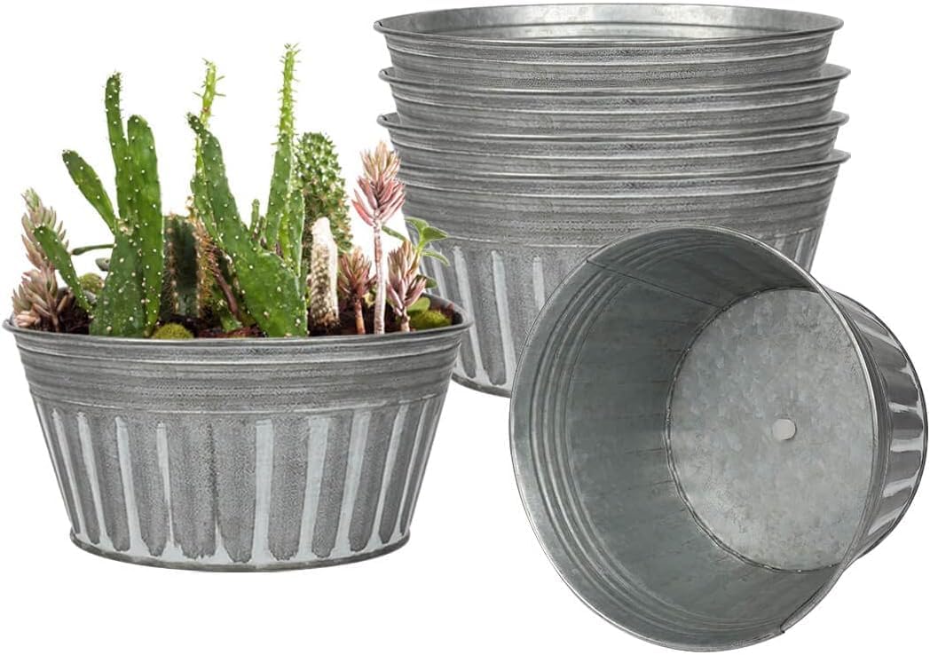 vensovo 20.3 CM Silver Metal Rustic Plant Pots - 6Pcs Shallow Galvanized Planters with Drain Hole and Rubber Plug, Rustproof Tin Bucket Succulent Pot Indoor Farmhouse Vintage Style for Decor