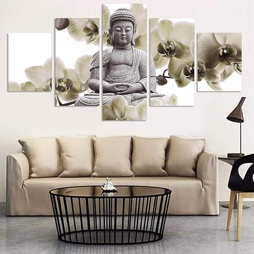 Wlhdm 5 Paneles Fondo De Orquideas Grandes De Buda Pintura Fengshui Lienzo Arte De La Pared Cuadros Para La Sala De Estar Decoracion Para El Hogar Sin Marco Amazon Es Hogar