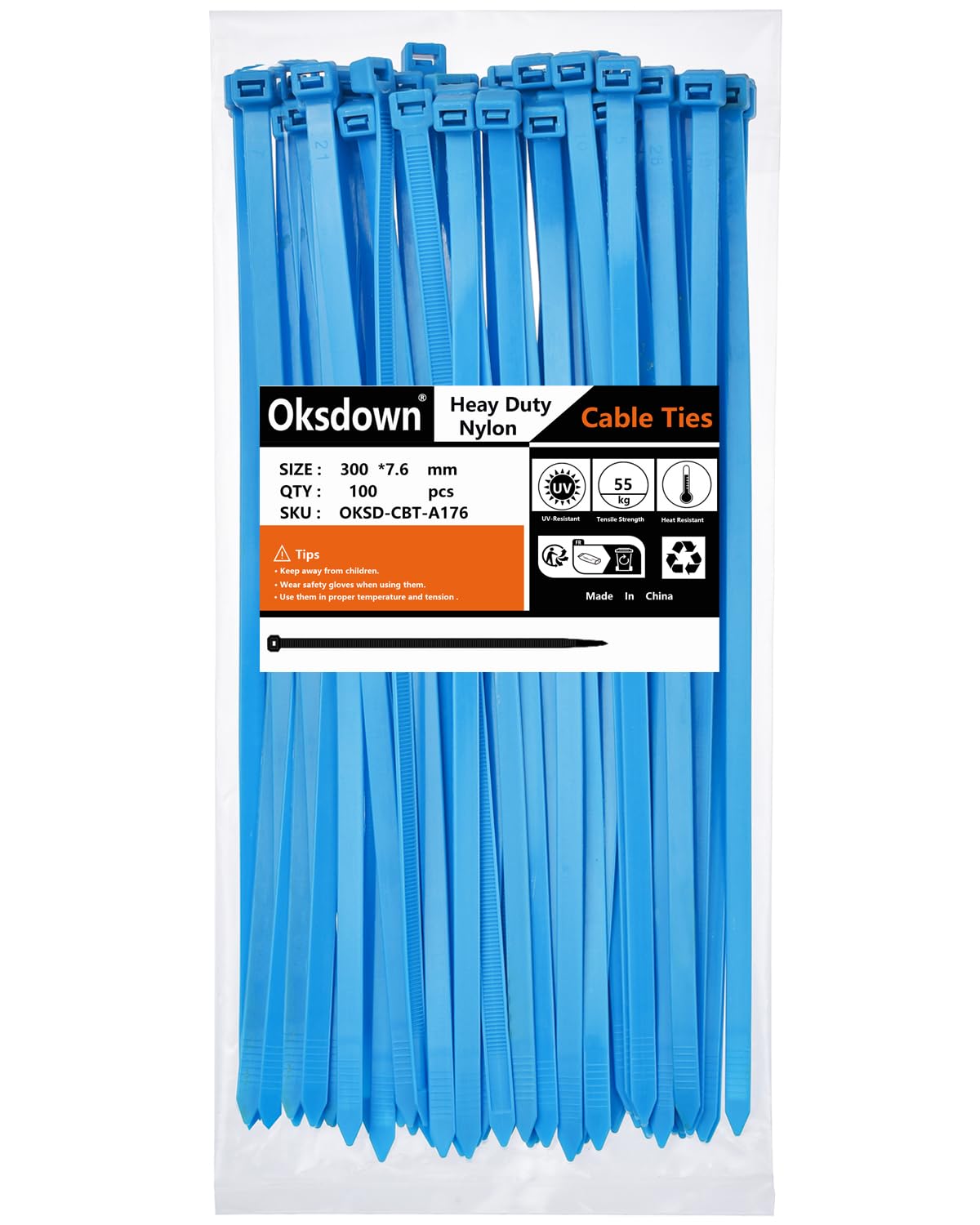 Oksdown 100 Pack Thick Blue Plastic Cable Ties 300mm×7.6mm Heavy Duty Nylon Garden Long Zip Tie Multi Purpose Premium 12 inch/30 cm Tie Wraps