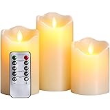 Flameless Candles Battery Operated 4" 5" 6" Pack of 3 Ivory Real Wax Flickering Moving Wick Electric LED Candle Sets with Remote Control Cycling 24 Hours Timer