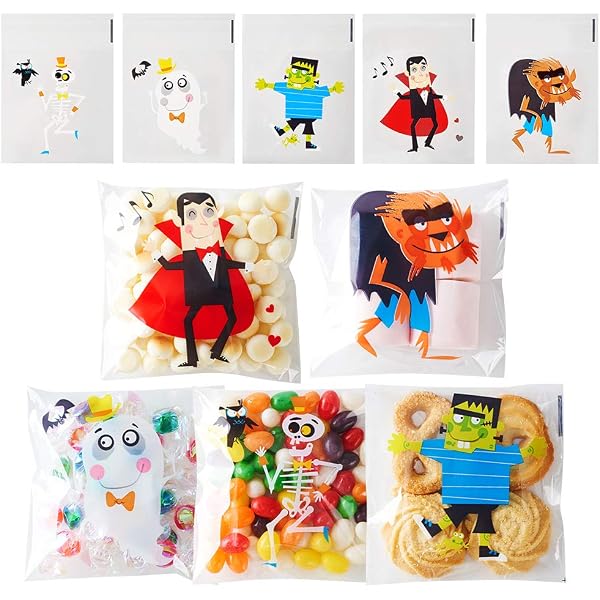 Wocuz 200-Pack Halloween Cellophane Treat Bags - Self-Adhesive, 4x4 Inches, 4 Spooky Designs - View #3