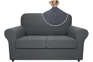 ZNSAYOTX 3-Piece Loveseat Slipcovers High Stretch Spandex Sofa Slip Cover Living Room Love Seat Couch Covers for 2 Cushion Couch Jacquard Small Checks Furniture Protector (Dark Grey, Loveseat)