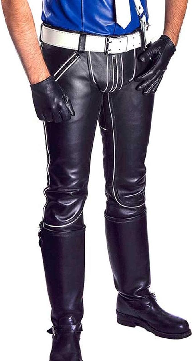 Men's Real Cowhide Leather Pants Double Zipped with Colour Piping Leather Pants at Amazon Menâs 