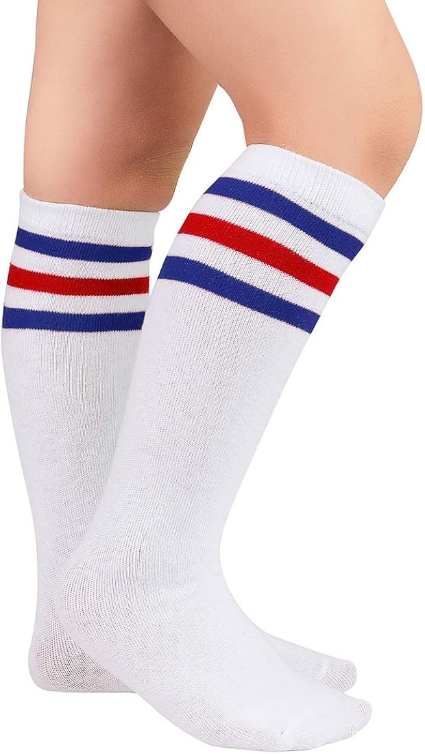 Durio Girls Knee High Socks for Toddler Girls and Boys Tube Knee Socks Kids Sports Soccer Socks White with Blue&Red Stripes: Clothing