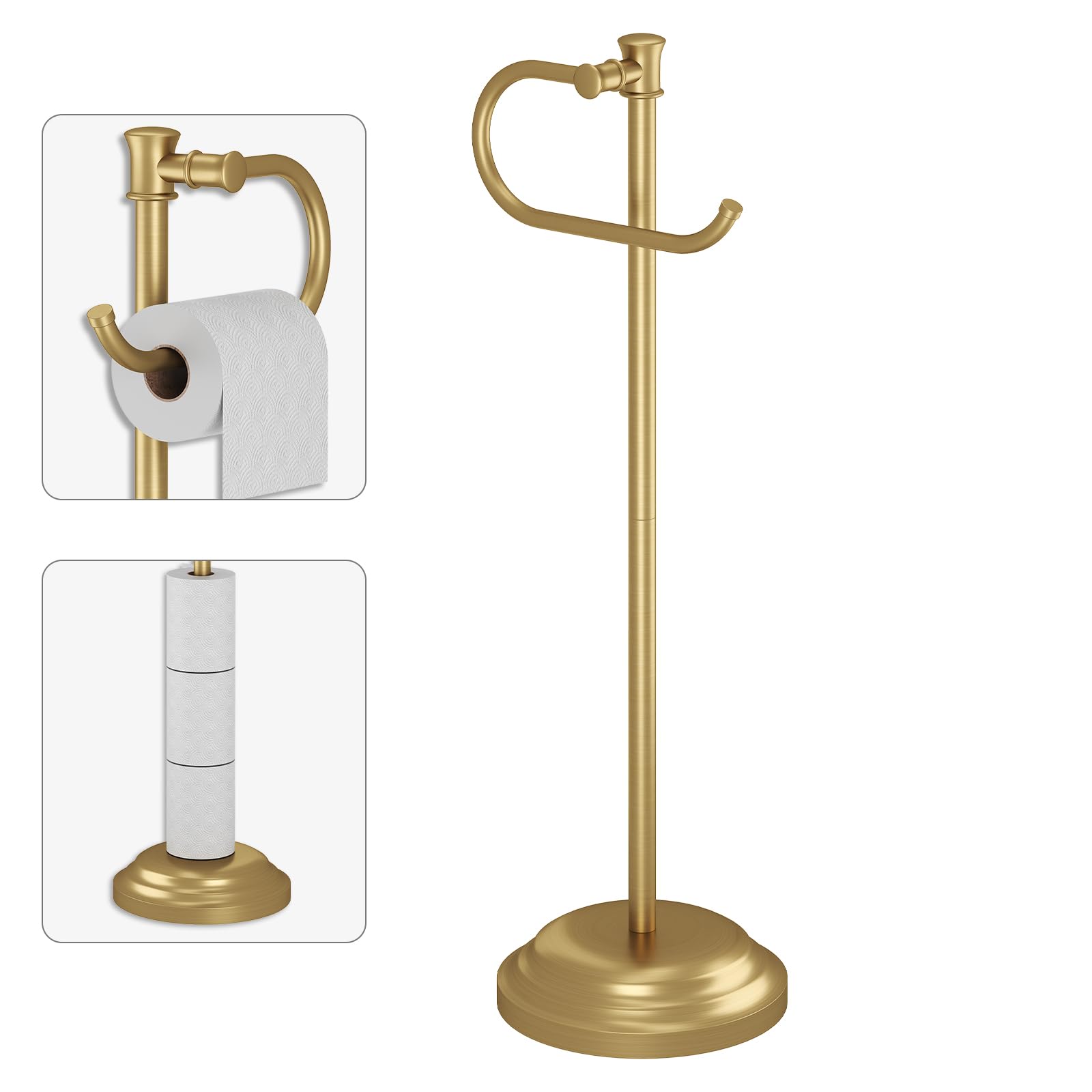 Photo 1 of BESy Toilet Paper Holder Free Standing Bathroom Toilet Tissue Holder Stand for Floor Toilet Paper Roll Holder with Storage Hardware Accessories Rack Hand Towel Bar Brushed Gold Stainless Steel