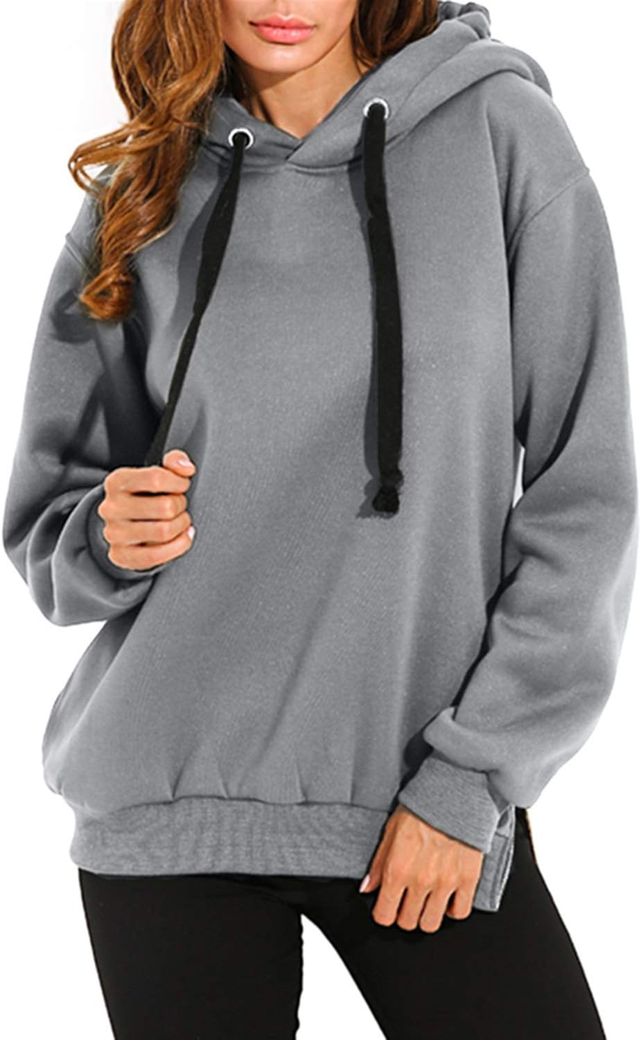 Womens Oversized Hoodie Long Sleeve Plain Jumpers Sweatshirt with Zip Pullover Tunic Tops