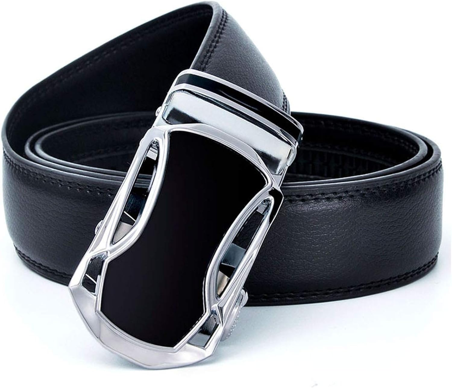 Men's Genuine Leather Ratchet Belt 35mm with Car Automatic Buckle Luxury, SilverBuckleBlack