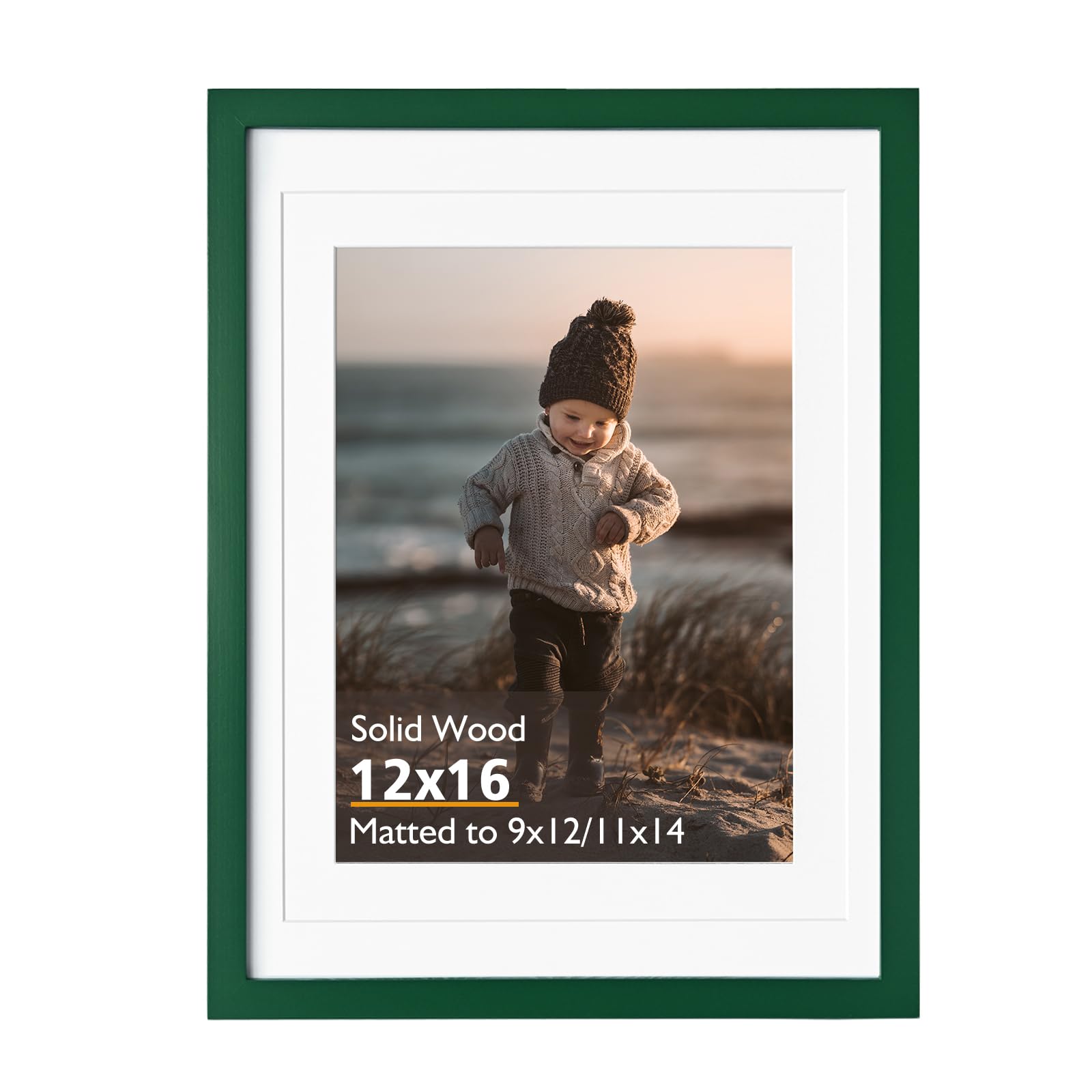 Photo 1 of KINLINK 12x16 Picture Frame, Green Solid Wood Frame with Acrylic Plexiglass for Pictures 11x14/9x12 with Mat or 12x16 without Mat,Wall Display Photo Frame 1 Pack