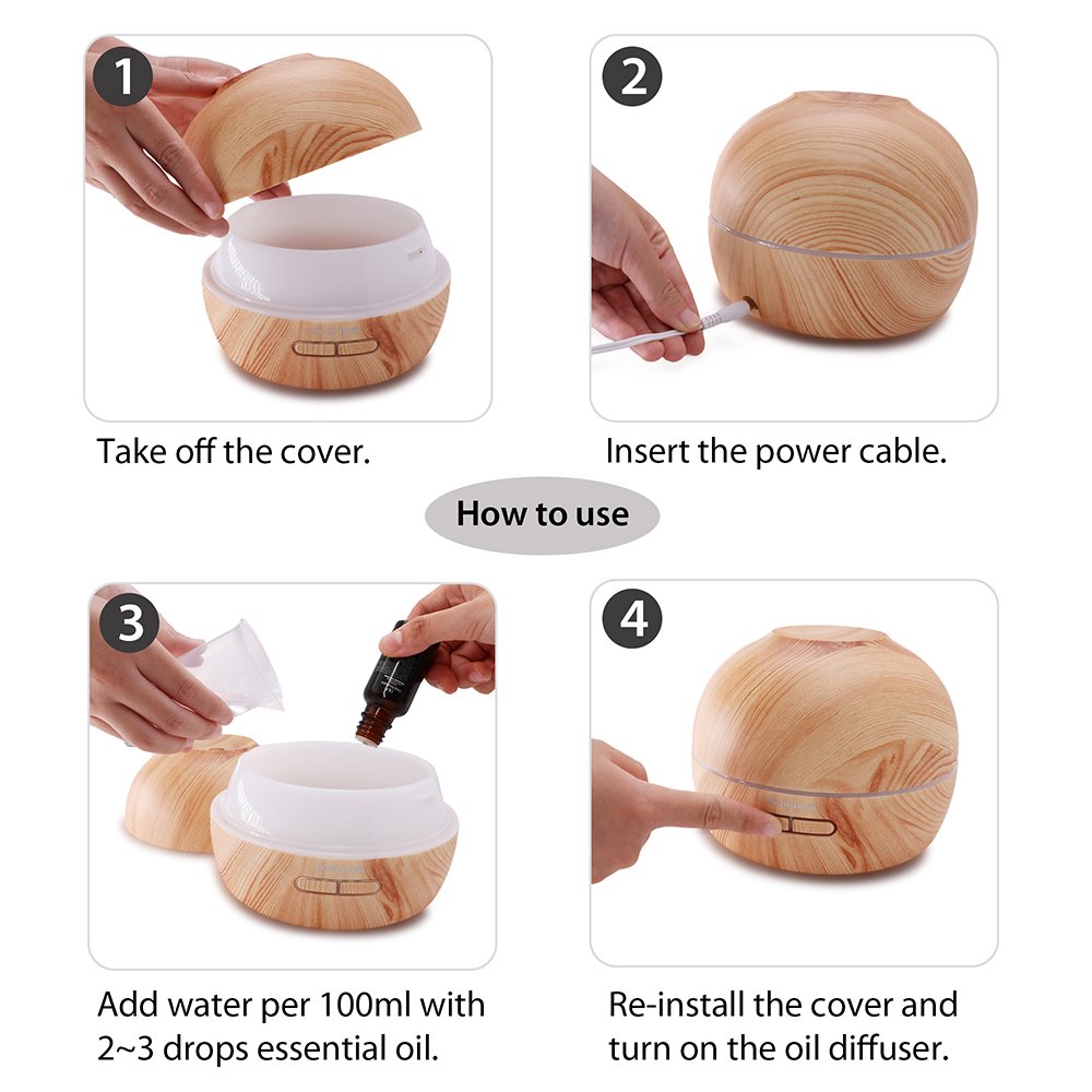 Hysure Wooden Cool Mist Humidifier Small Personal Humidifiers Ultrasonic Aromatherapy Oil Diffuser for Baby with 7 Colorful LED Lights Changing for Home, Bedroom, Office - Light Wood