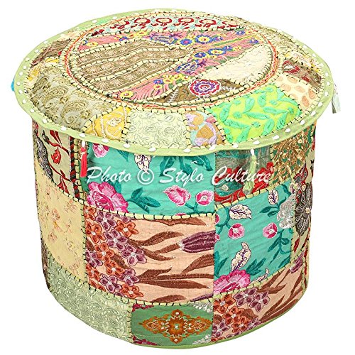 Stylo Culture Pouffe Seat Large Cover Floor Pouf Cover Footstool Green Ethnic Embroidered Patchwork Cotton Traditional Round Fabric Ottoman Pouf Cover (22x22x13 Inch) 55cm (COVER ONLY)