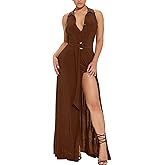 Women's Deep V Neck Long Dresses Sleeveless Collared Button Down High Split Cocktail Wedding Party Maxi Dress