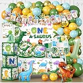 cocomigo 298Pcs One a Saurus Birthday Decorations Serves 25 Guests, One-stop Dinosaur 1st Party Pack with Plates, Candle, Party Hat, Backdrop, Tablecloth, Balloon Arch for 1st Birthday Decorations Boy