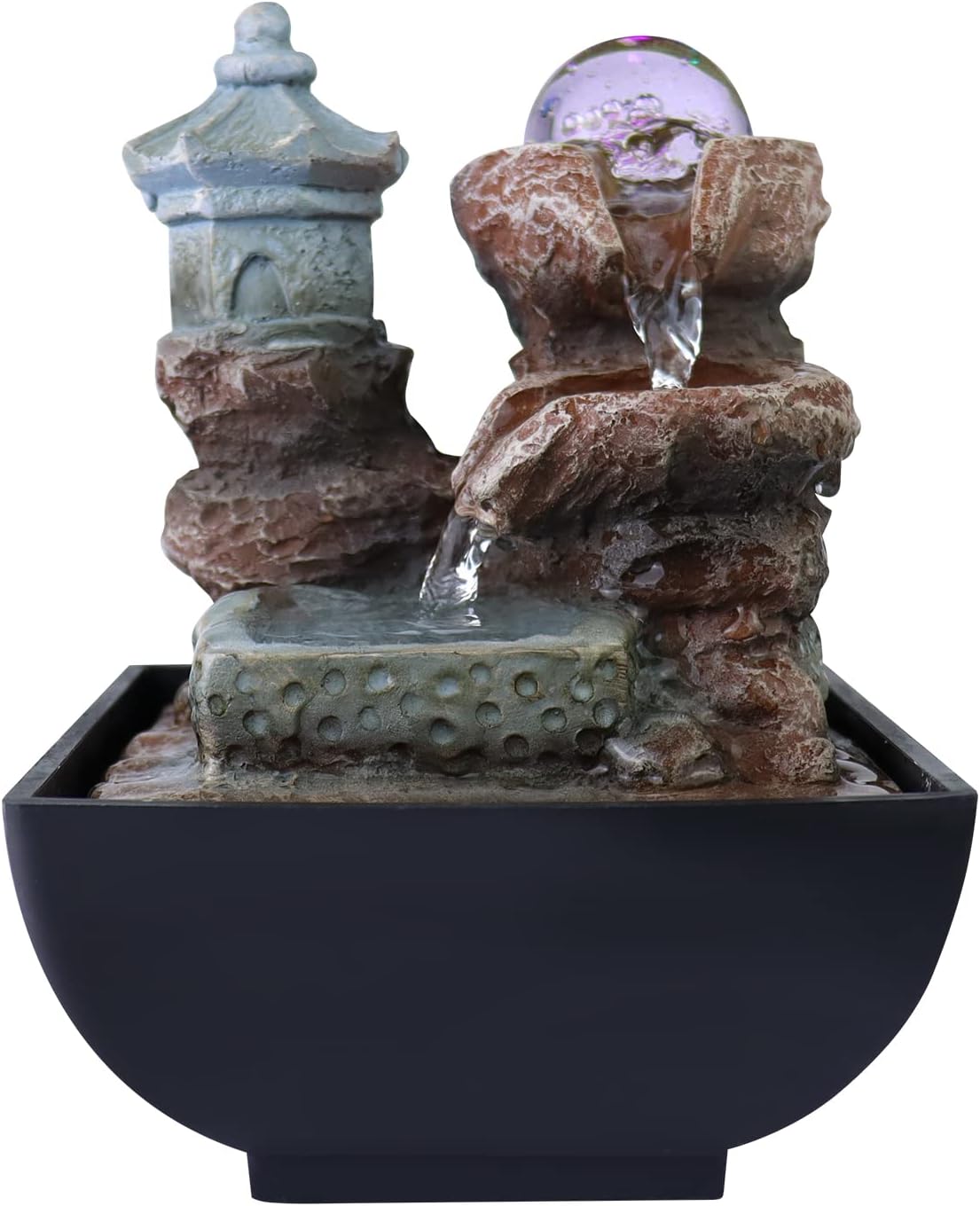 Indoor Fountains & Accessories - SHJADE Tabletop Fountain, Indoor Fountain Waterfall 3 Tiered, Relaxation Zen Meditation Desktop Fountain with LED Light, Rotating Ball for Home and Office Decoration
