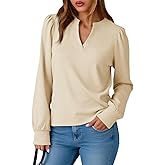 Tankaneo Womens Puff Long Sleeve Tunic Tops Trendy Casual V Neck Fall Shirts Loose Fit Basic Tees