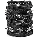 Aijewelop 8pcs Punk Rock Style Bracelet Set, Black Multi-layer Leather Wristbands with Guitar Charm, Skull Design, Beaded Braided Cuff for Men, Women, Unisex Bohemian Style