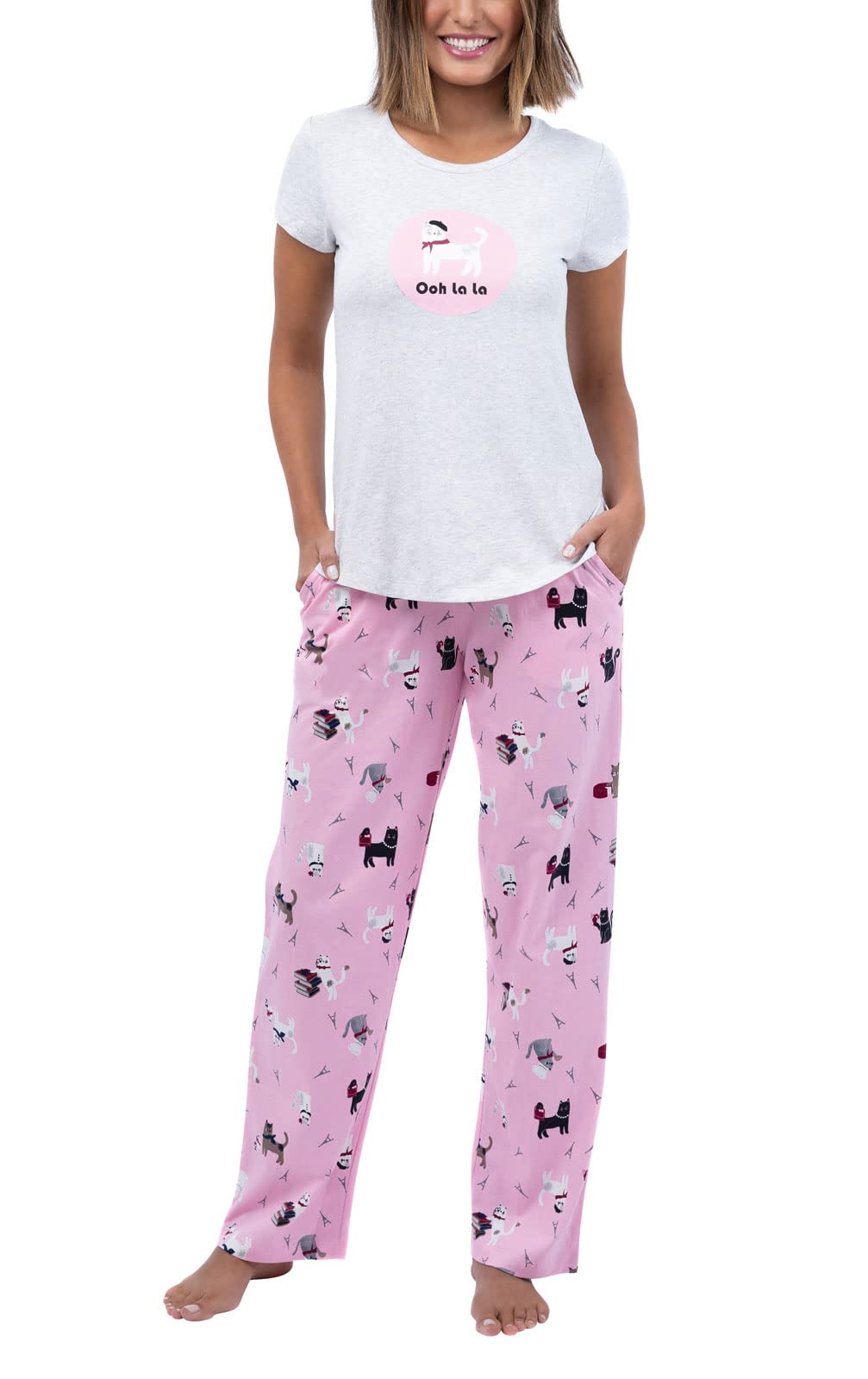 PajamaGram Women's Pajamas - Womens Cotton Pajama Sets, Pink Cat, LG Image