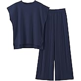 VATEAMI Women Knit 2 Piece Sweater Sets Pullover Tops High Waist Wide Leg Pants Lounge Set